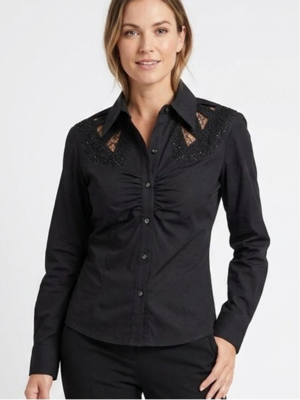 Vintage Caché Black Beaded Cutout Y2K Button Down Blouse Size 14 - 629
